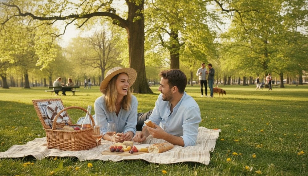 Couple profitant d'un week-end de printemps dans un parc