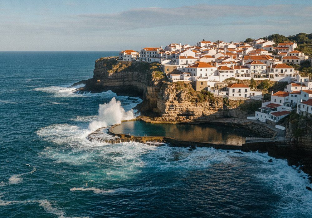 Village cotier traditionnel au Portugal surplombant l ocean Atlantique