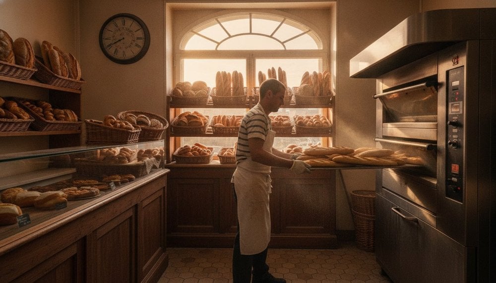 Boulanger sortant des baguettes du four à l'aube un jour férié