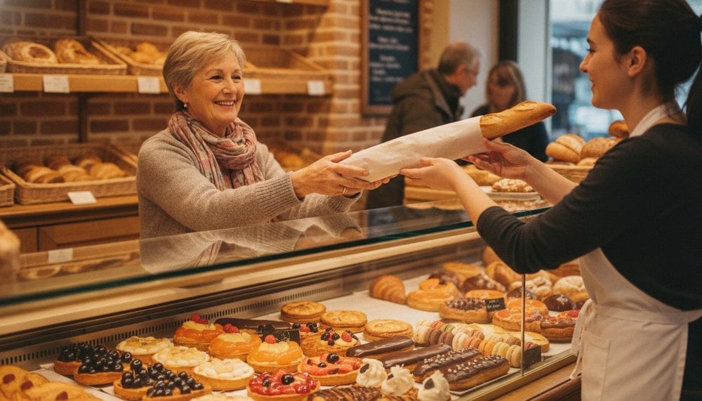 Cliente achetant une baguette au comptoir d'une boulangerie ouverte un jour férié