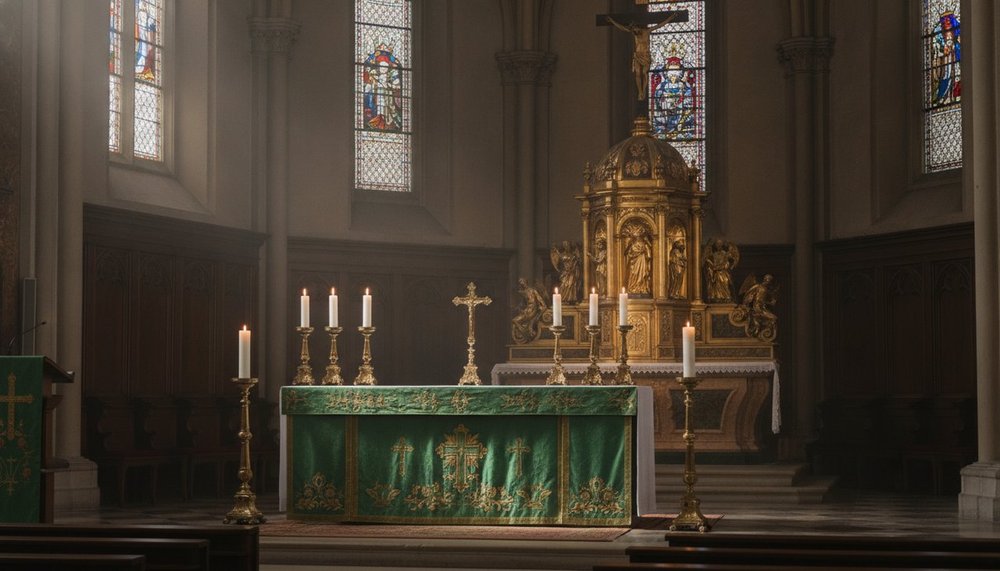 Intérieur d'église catholique avec autel et cierges illustrant le calendrier liturgique 2026
