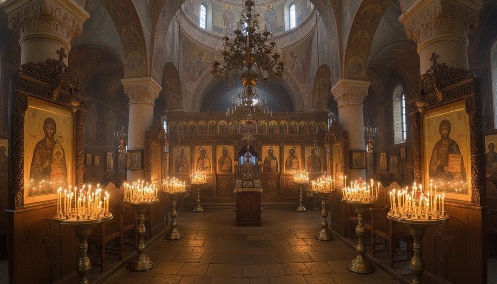 Intérieur d'une église orthodoxe avec cierges allumés et icônes dorées