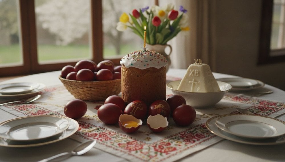 Table de Pâques orthodoxe avec œufs rouges et koulitch traditionnel