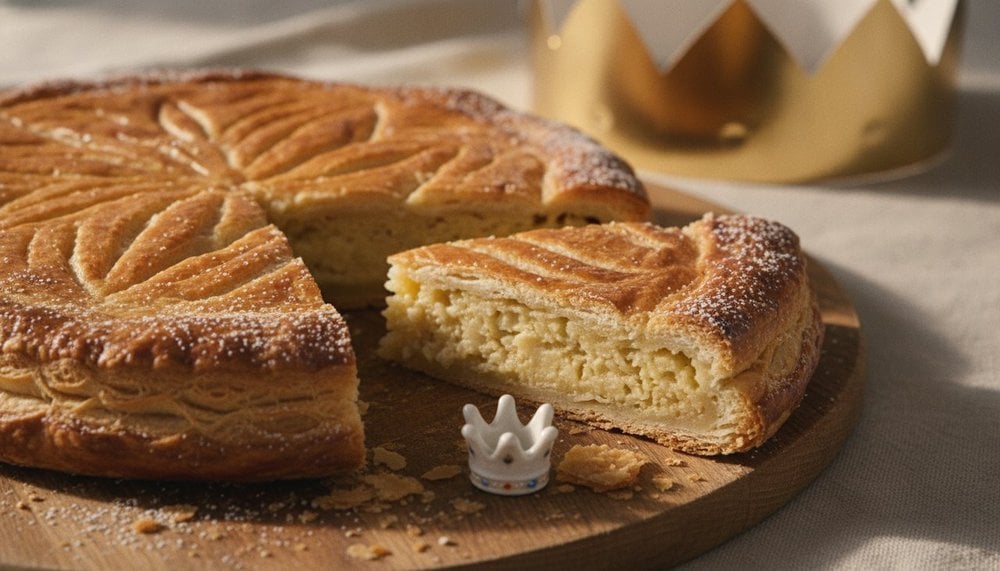 Galette des rois dorée avec couronne et fève, tradition de l'Épiphanie le 6 janvier