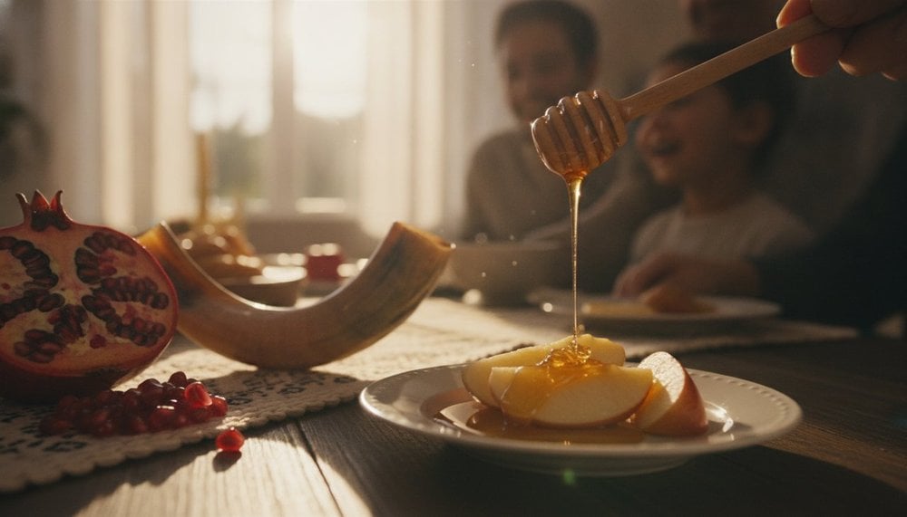 Table de fete de Roch Hachana avec pommes, miel et grenade pour le nouvel an juif 2026