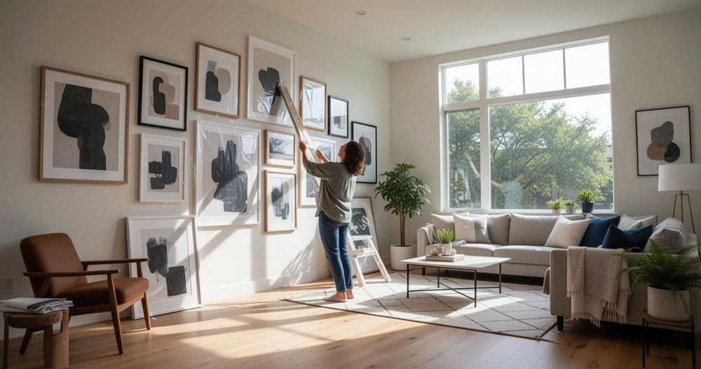 Mur de cadres photo et décoration murale dans un salon lumineux