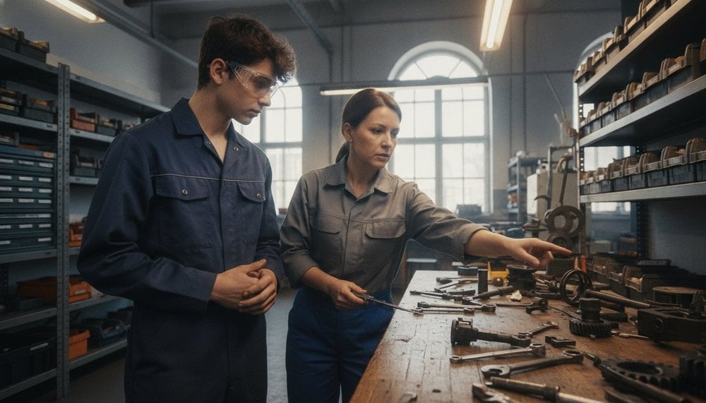 Jeune apprenti boulanger en atelier avec son tuteur, rentrée de l'alternance