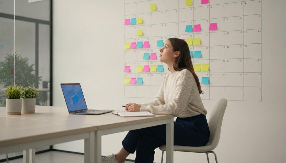 Apprentie en alternance consultant un calendrier mural des jours fériés au bureau