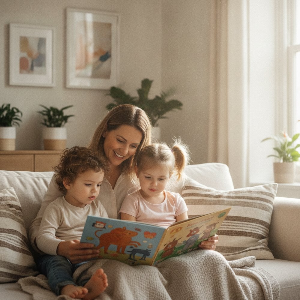 Assistante maternelle avec de jeunes enfants dans un salon lumineux, illustrant les règles des jours fériés