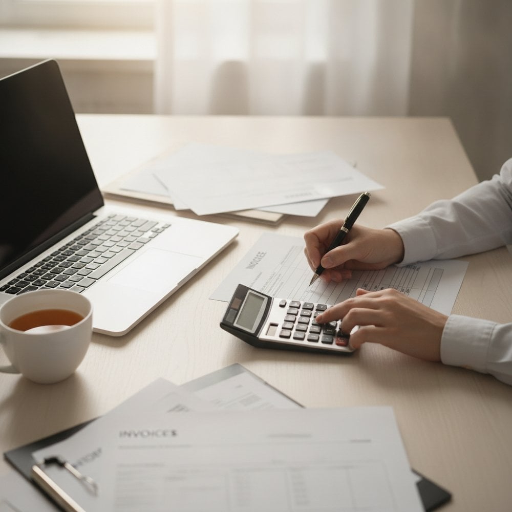 Parent employeur remplissant une fiche de paie et un contrat d'assistante maternelle sur une table