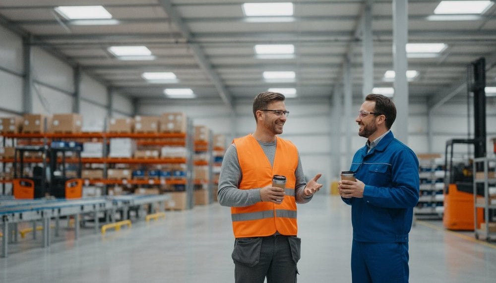 Salariés en mission d'intérim dans un entrepôt logistique pendant une pause
