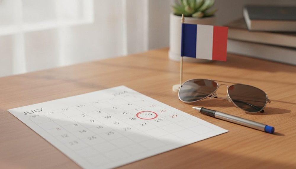 Calendrier de juillet avec le 14 juillet entouré, jour férié pendant les congés payés
