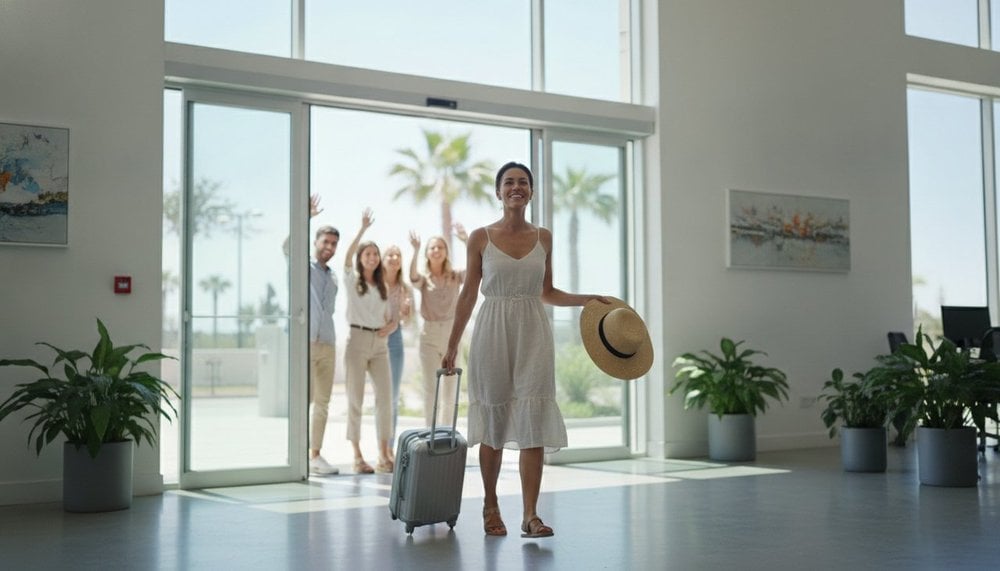Salariée quittant le bureau avec sa valise pour partir en congés d'été