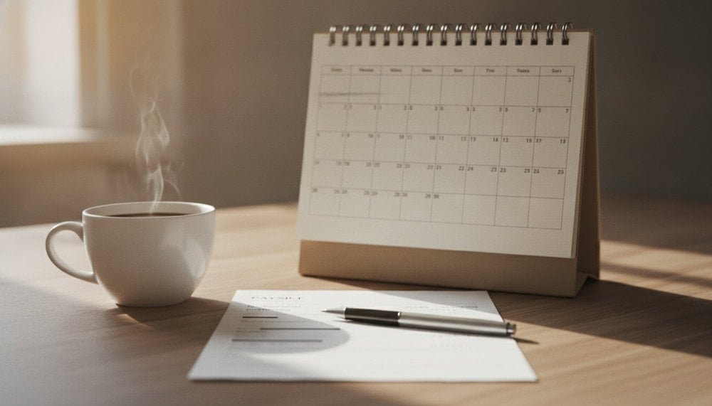 Calendrier et bulletin de paie sur un bureau, illustration des droits liés aux jours fériés travaillés