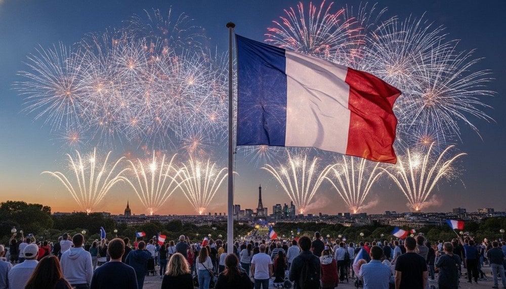 Drapeau tricolore français et feux d'artifice pour le 14 juillet 2027