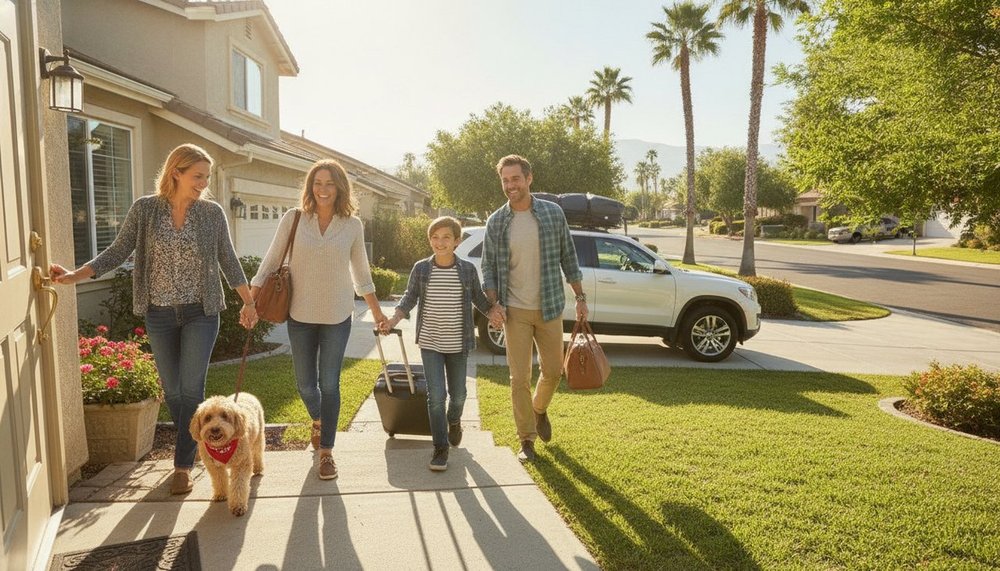 Famille partant en week-end prolongé avec une valise lors d'un pont en 2027