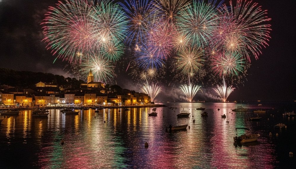 Feu d'artifice du 15 août au-dessus d'un village français en bord de mer