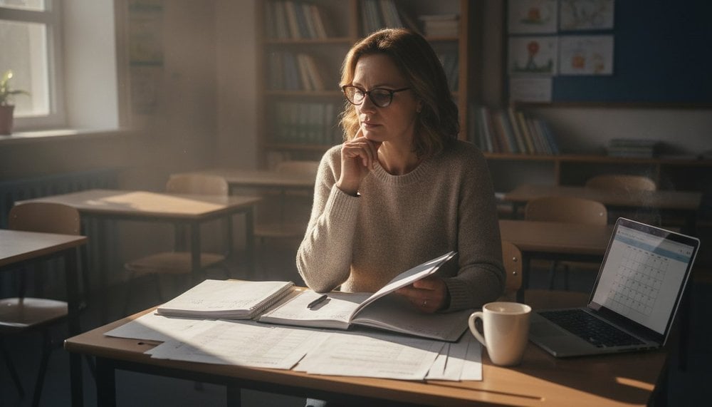 Enseignante consultant son agenda et le calendrier scolaire dans sa classe
