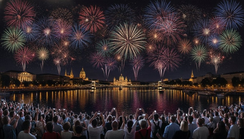 feu d'artifice de fête nationale au-dessus d'une ville européenne en été