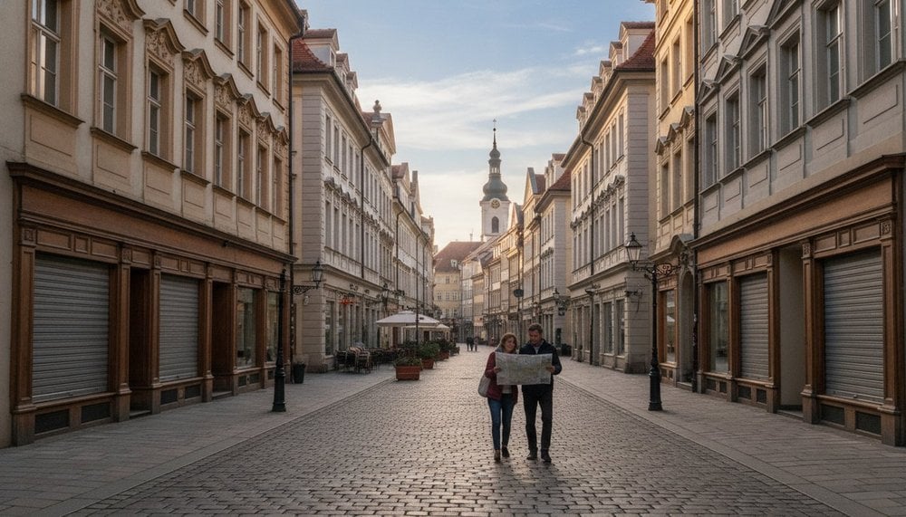 rue commerçante européenne calme avec rideaux de boutiques fermés un jour férié