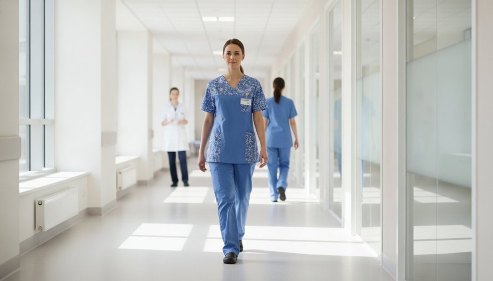 Infirmière en tenue bleue dans un couloir d'hôpital, illustration du travail les jours fériés dans la fonction publique hospitalière