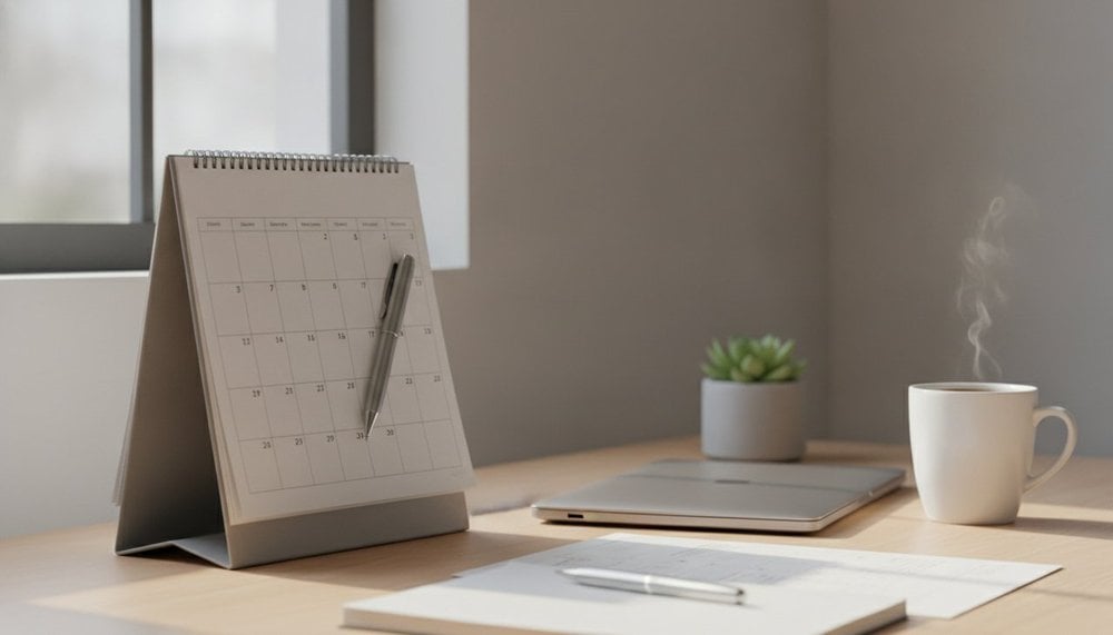 Calendrier mural et stylo posés sur un bureau, planification des jours fériés et des congés