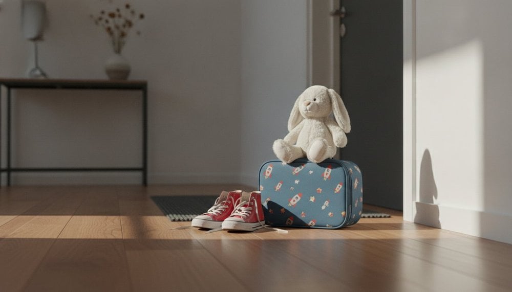 Valise et affaires d'enfant prêtes dans l'entrée avant un changement de résidence en garde alternée