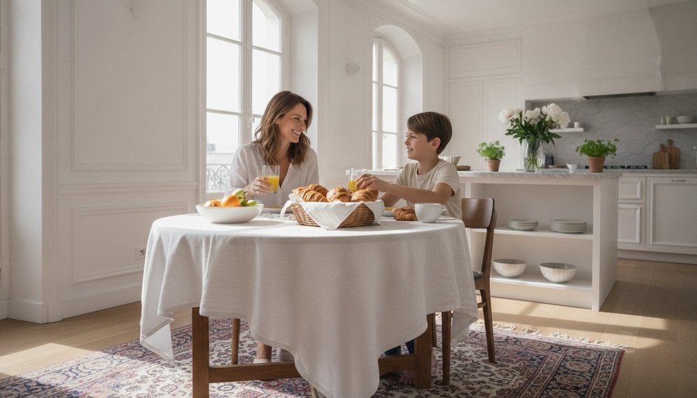 Parent et enfant prenant le petit-déjeuner ensemble un matin de jour férié