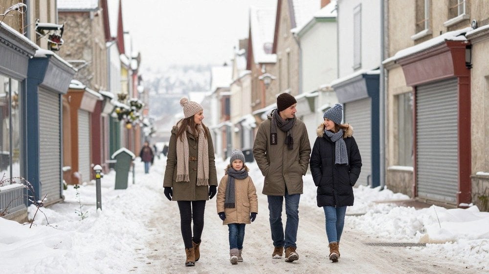 Famille marchant dans une rue enneigée un matin de Jour de l'An, commerces fermés