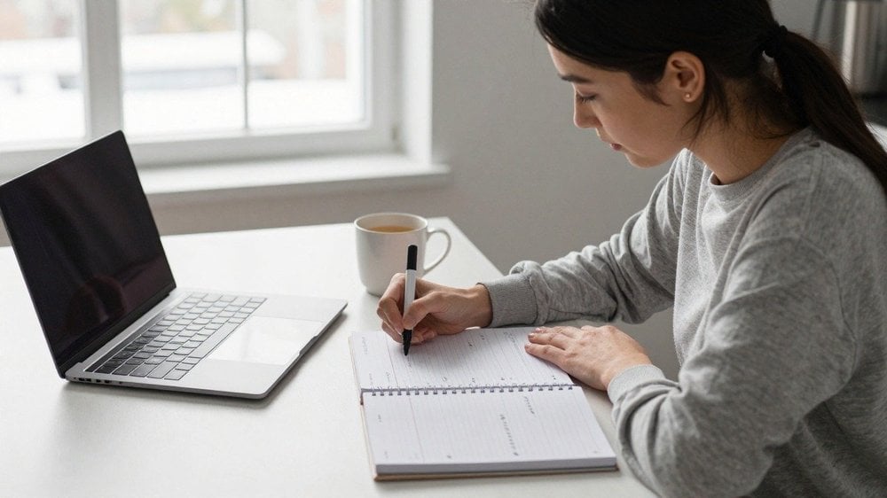 Femme préparant ses courses et son agenda avant la fermeture des commerces du 1er janvier