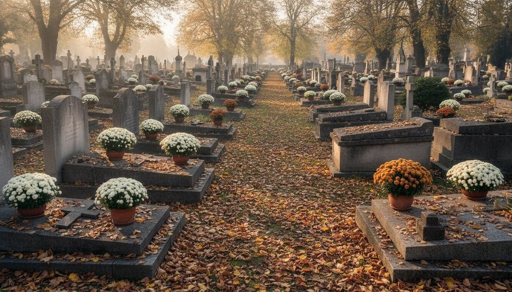 Chrysanthemes sur les tombes pour la Toussaint, jour ferie du 1er novembre 2026