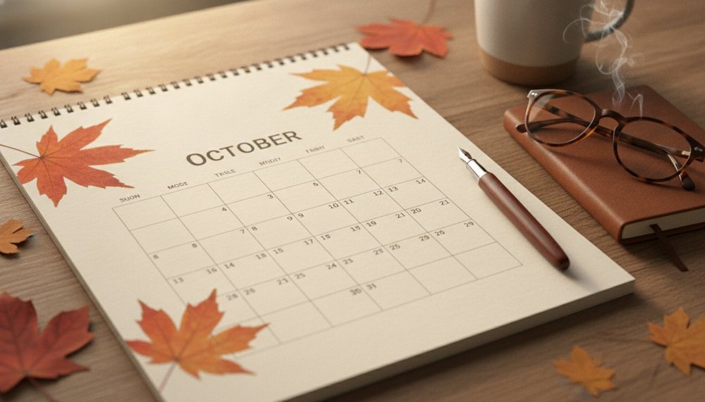 Calendrier d'octobre 2026 avec feuilles d'automne, aucun jour férié