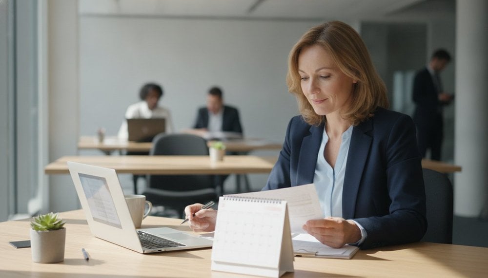Gestionnaire RH vérifiant un décompte de jours ouvrés et ouvrables au bureau