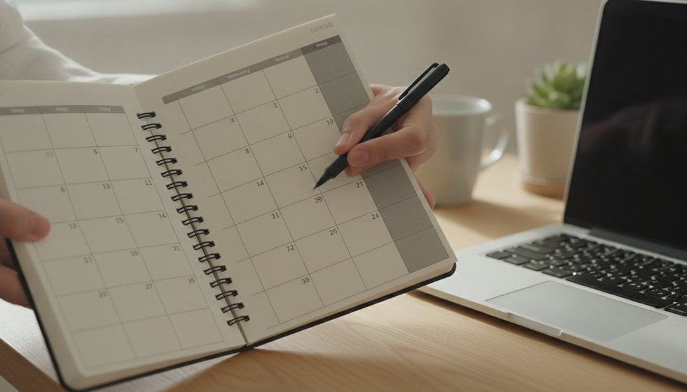 Agenda mensuel avec week-ends grisés pour distinguer jours ouvrés et calendaires
