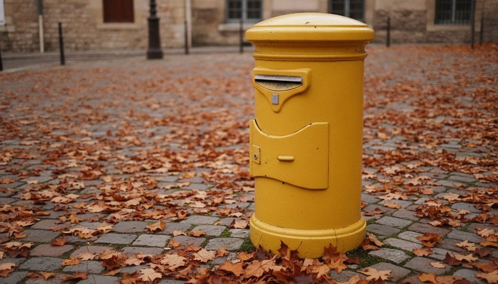 Boîte aux lettres jaune de rue, dont la levée est suspendue les jours fériés