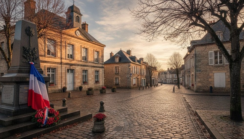 Place de village avec mairie et drapeau tricolore le 11 novembre en France