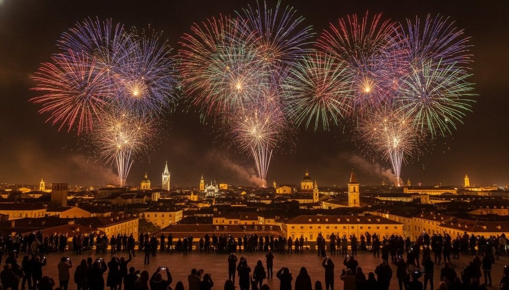 Feux d'artifice du 14 juillet illuminant le ciel d'une ville francaise la nuit