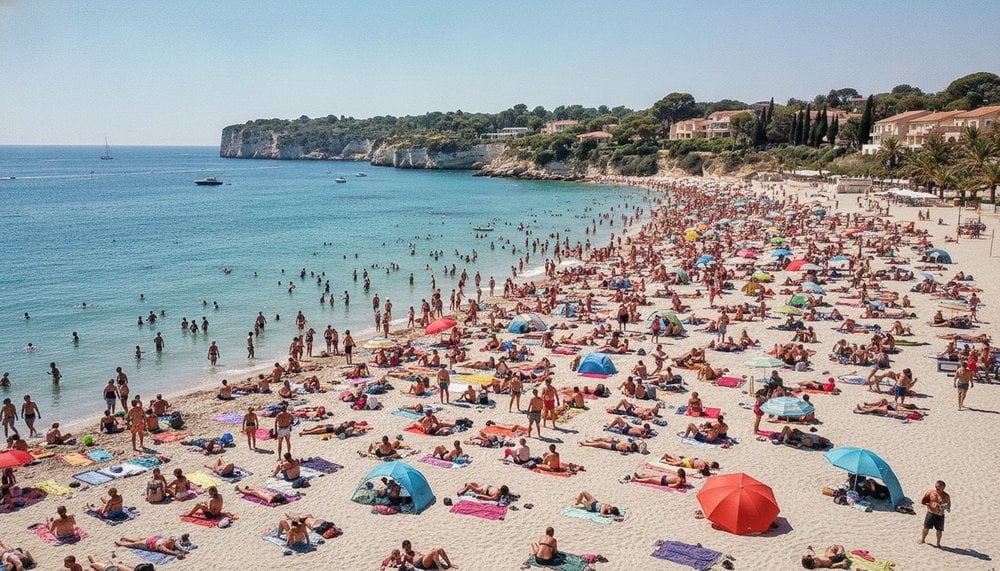 Plage française bondée un 15 août en plein été, jour férié de l'Assomption