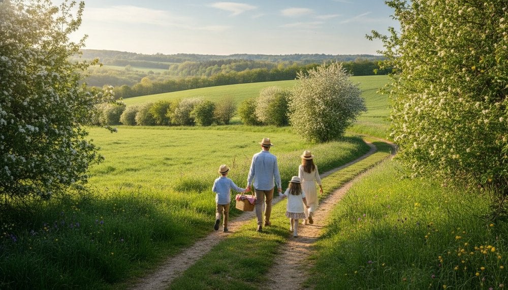 Famille marchant sur un chemin de campagne un matin de mai en France