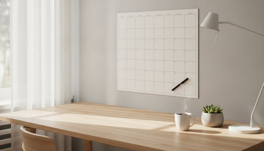 Bureau avec un planning mural vierge, un stylo et une tasse de café