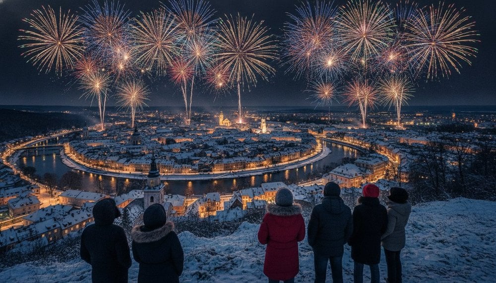 Feu d'artifice du Nouvel An le 1er janvier 2027 au-dessus d'une ville française