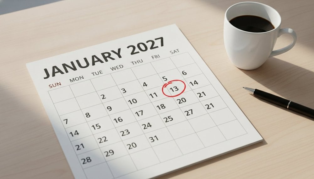 Calendrier de janvier 2027 avec le vendredi 1er janvier entouré, jour férié du Jour de l'An