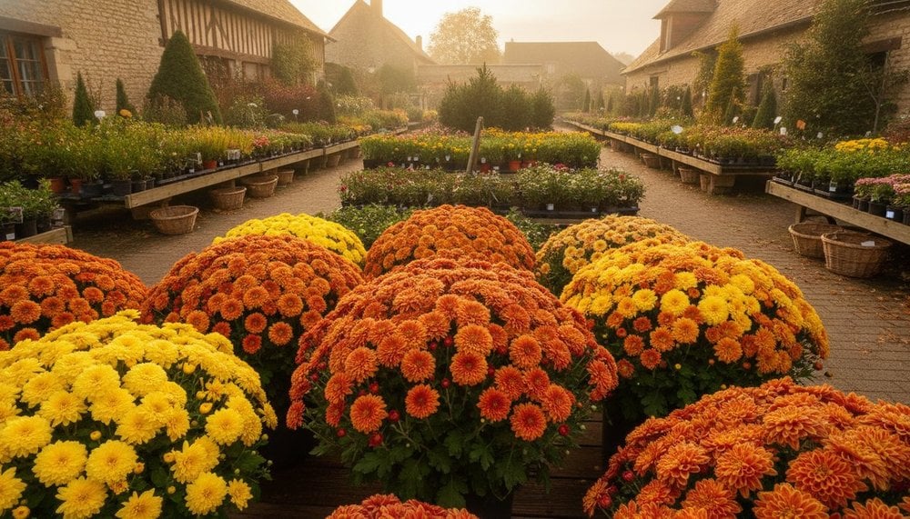 Chrysanthèmes oranges et jaunes en fleurs, fleur traditionnelle de la Toussaint