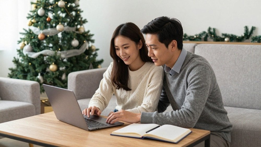 Couple organisant ses démarches et ses courses un samedi de janvier