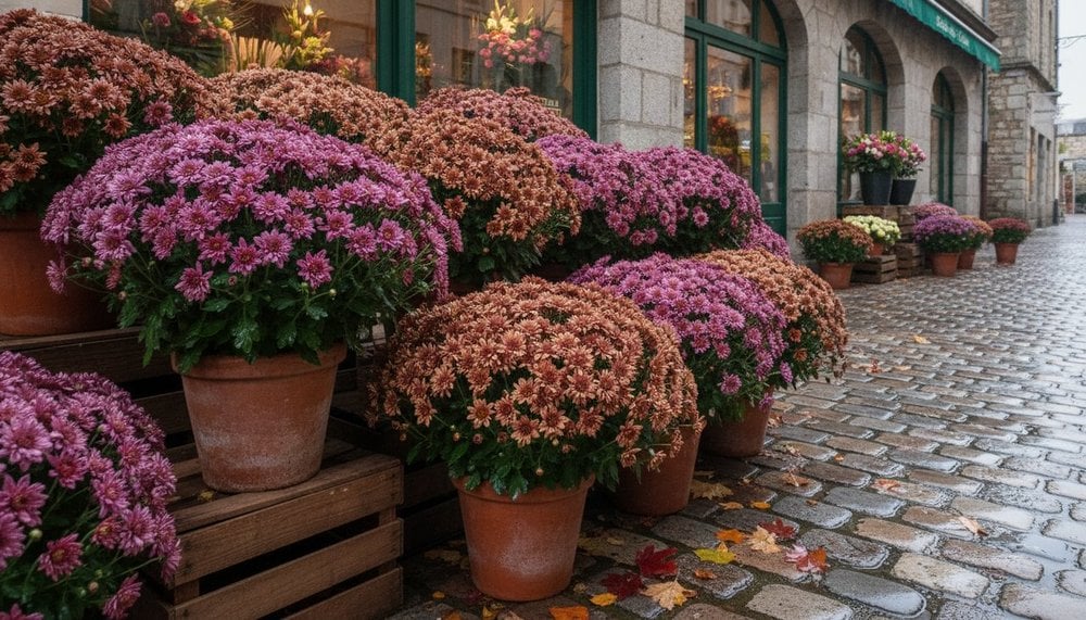 Chrysanthèmes violets et bronze en pots devant un fleuriste début novembre