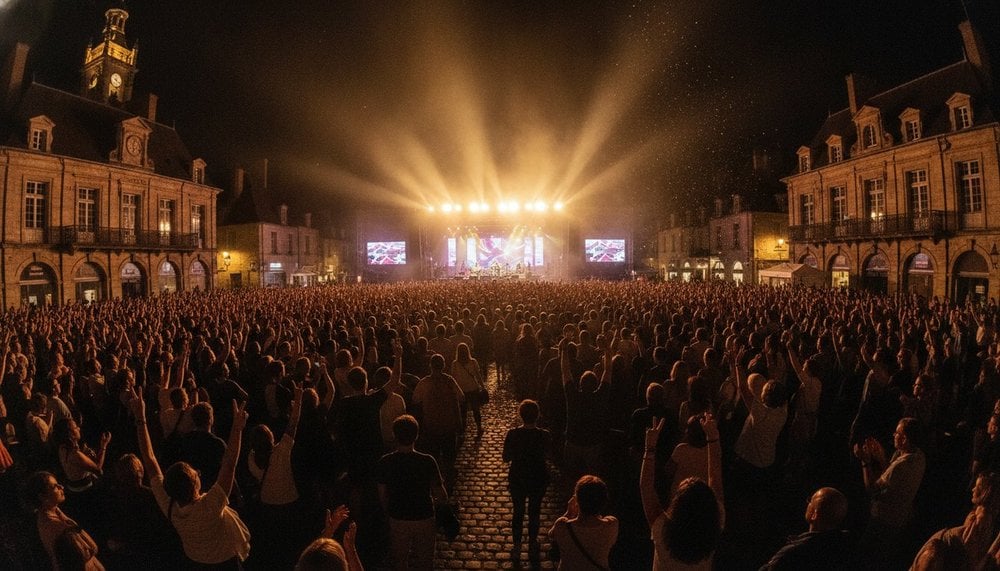 Public lors d'un concert nocturne en plein air pendant la Fête de la Musique
