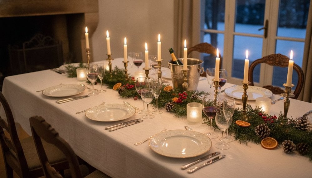 Table de réveillon du 24 décembre dressée pour Noël, jour non férié en France