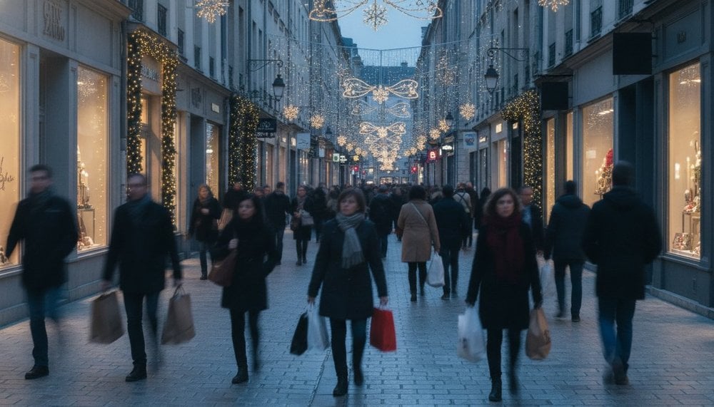 Rue commerçante animée le 24 décembre, journée d'ouverture normale en France