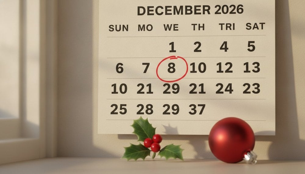 Calendrier de décembre 2026 avec le 25 décembre entouré, jour de Noël férié