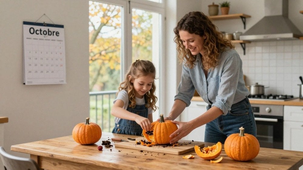 Famille préparant Halloween un samedi 31 octobre 2026 avec des citrouilles sculptées